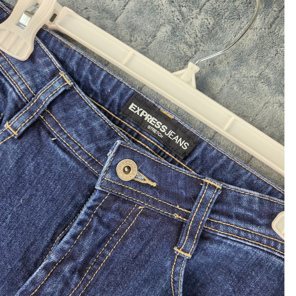 Express Jeans Womens 3/4 Regular Dark Wash Stretch Flare Denim Pants Y2K Indigo